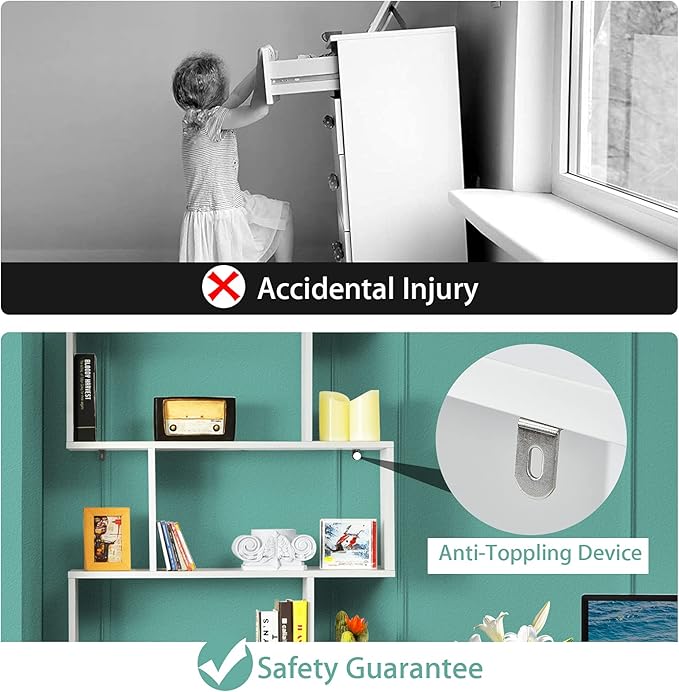 6 Tier Geometric Bookcase, S Shaped Bookshelf, Book Shelf Room Divider, Wood Freestanding Display Shelves, 75 Inch Staggered Bookshelf for Bedroom Living Room (2, White)