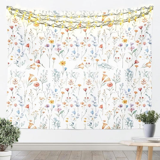 jejeloiu Flowers Tapestry Large 59"x82" Blossom Flowers Pattern Wall Hanging Blanket Wild Floral Botanical Wall Art for Living Room Bedroom Decoration Natural Theme White Blue Yellow