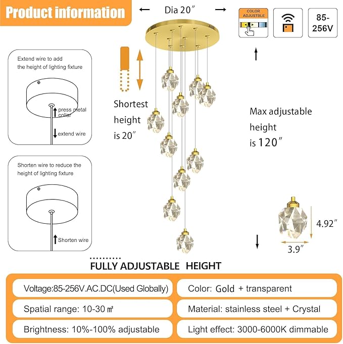 10-Lights Gold Crystal Chandeliers for Living Room 120 inches Long Staircase Chandelier Foyer Entrance Crystal Ceiling Light High Ceiling Chandeliers LED Dimmable 3000-6000K