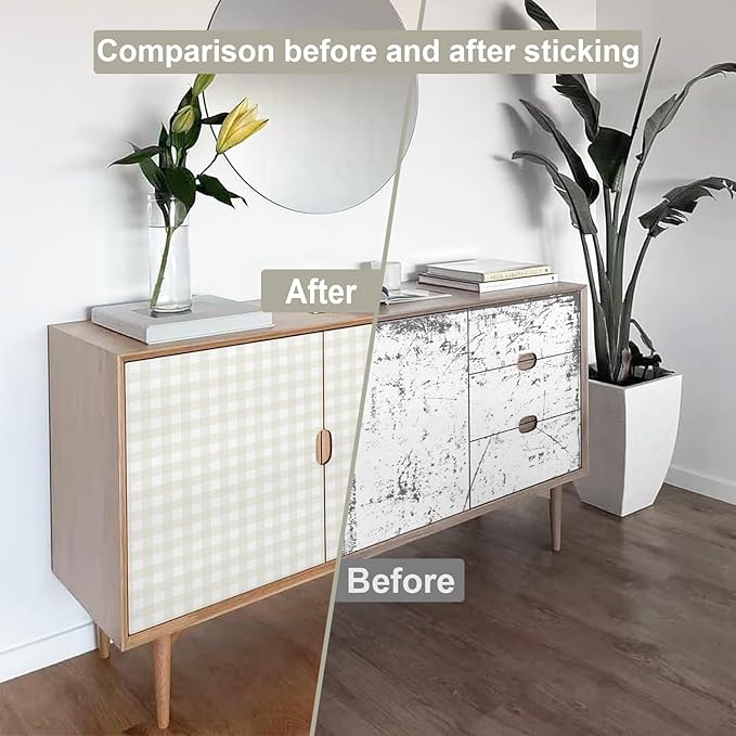 Cohoo Home Plaid Peel and Stick Wallpaper Boho Plaid Contact Paper for Cabinets Checkered Neutral Contact Paper Self Adhesive Removable Wallpaper for Bathroom Nursery Waterproof 17.3inW 78.7inL