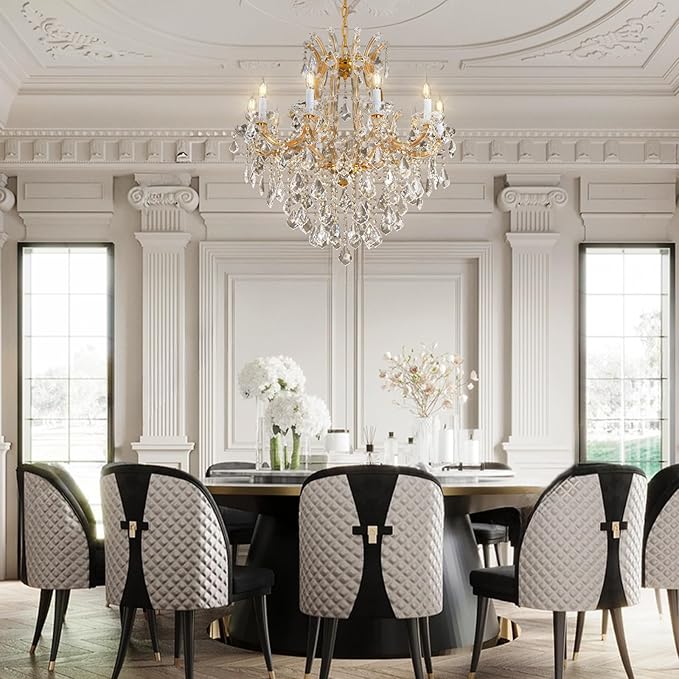 Modern Crystal Chandeliers, Gold Candle Chandelier -Luxury Chandelier Lighting Fixtures for Dining Room, Foyer, Staircase Hallway Living Room Entryway, 10 Lights