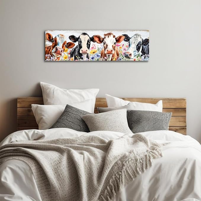 Country Cow Canvas Wall Art Kitchen Wall Decor Vintage Funny Cattle Flowers Picture Prints Rustic Farmhouse Painting Framed Colorful Wildflower Poster for Living Room Bedroom Decorations 14x48"