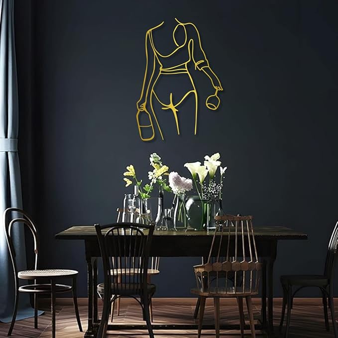 Metal Wall Art Woman Drinking Wine, Modern Minimalist Abstract Line Sculpture, Feminine Wall Decor for Living Room, Dining Room, Bar, Kitchen, Perfect Wine Lover Birthday Housewarming Gift – Gold 23.6"x16.9"