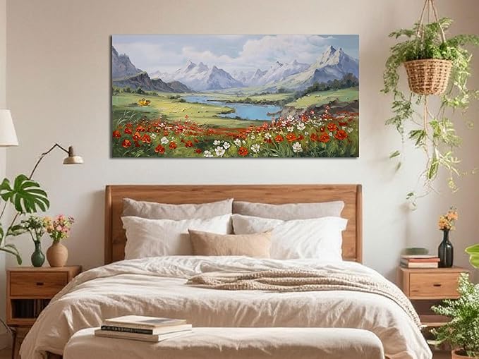 Arjun Landscape Wall Art Canvas for Living Room, Extra Large Mountain Nature Painting Bedroom Textured Floral Scenery Picture Framed Artwork for Office Home Dining Room Wall Decor 58"x29"