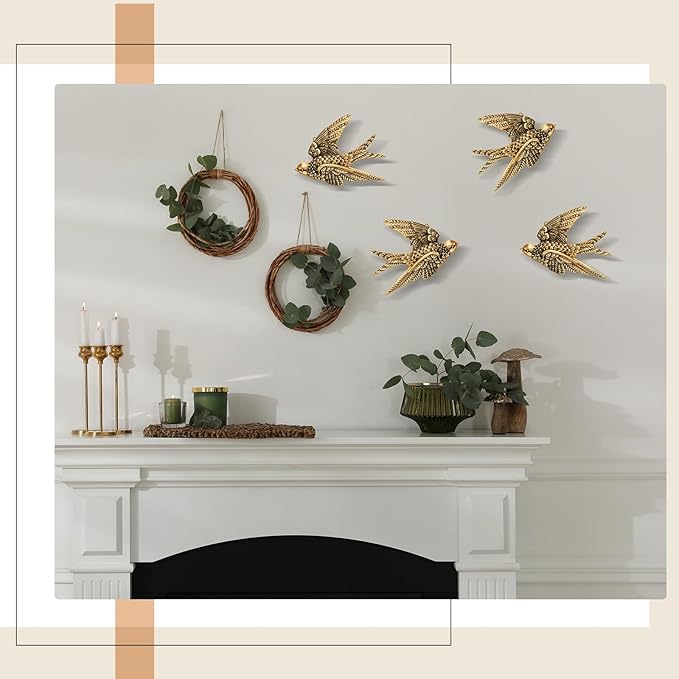 4 Pcs Vintage Bird Wall Sculpture Decor Art 4.7 Inch Antique 3D Sculpted Hanging Bird Resin Wall Art Golden Brass Rustic Floating Ornament for Living Room Garden Indoor Outdoor, Gift for Christmas