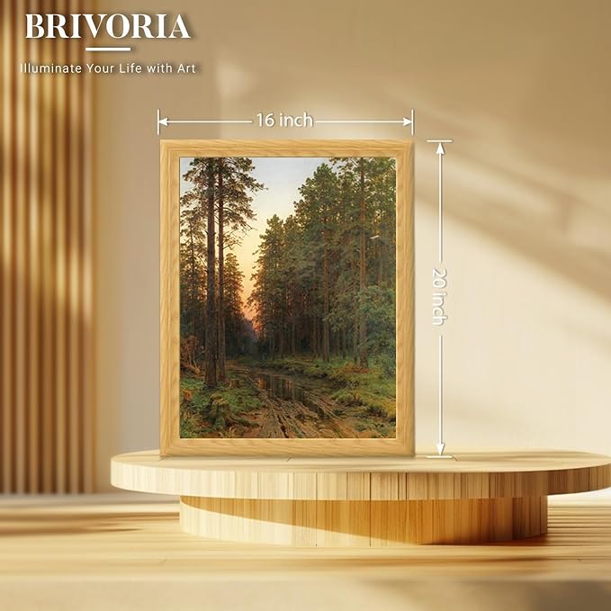 Brivoria Framed Canvas Wall Art Vintage Decor, Majestic Autumn Forest Landscape with Pine Trees, Sunset Shadows and Golden Reflections for Living Room Bedroom Fireplace or Gallery Display, 16"x20"