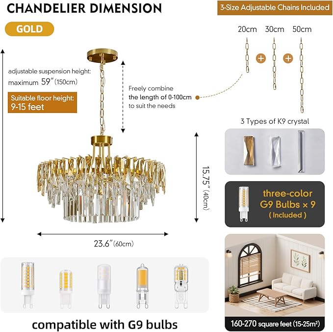 Modern Gold Round Crystal Dining room Chandelier - 23.6'' Luxury Raindrop K9 Crystals Chandeliers,Contemporary 3 Tier Ceiling Light Chandelier for Living room Bedroom Foyer Entryway (Include bulbs)