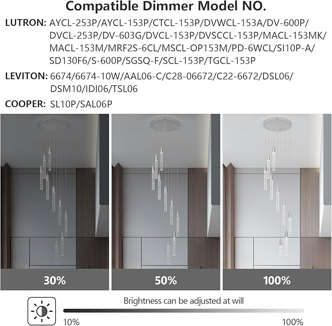 9 Light Living Room Chandelier Chrome Crystal Pendant Lights LED Dimmable 54W 6000K Staircase Large Chandelier Lobby Living Room Foyer High Ceiling Chandeliers