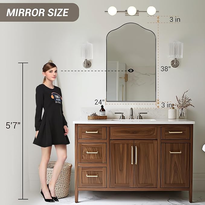 ANDY STAR Scalloped Arched Mirror, 24x38 Polished Chrome Irregular Bathroom Mirror for Vanity, Asymmetrical Curved Top with Anti-Rust Stainless Steel Frame, for Entryway, Bedroom, Mantel, Fireplace