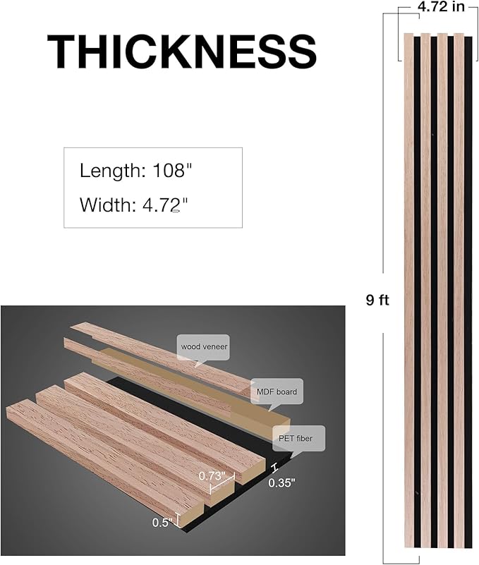 NeatiEase Wood Wall Panels, 9 Feet Acoustic Slat Wall Panels for Interior Wall Decor and Noise Reduction, Decorative Slat Wall Paneling, Natural Walnut, 4-Piece