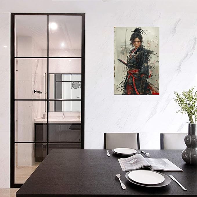 Japanese Female Samurai Wall Art Woman Fight Painting Canvas Prints Warrior Figure Pictures Bushido Posters Japanese Culture Theme Artwork for Bedroom Living Room Decor (18''W x 24''H)