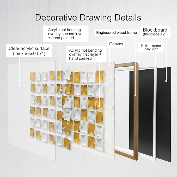 BrightA Gold and White Geometric Wall Sculpture Reflective 3D Textured Panels Brushed Metal Texture with Wave Modern Framed Abstract Art for Bedroom Office Decor 31.5"x31.5"