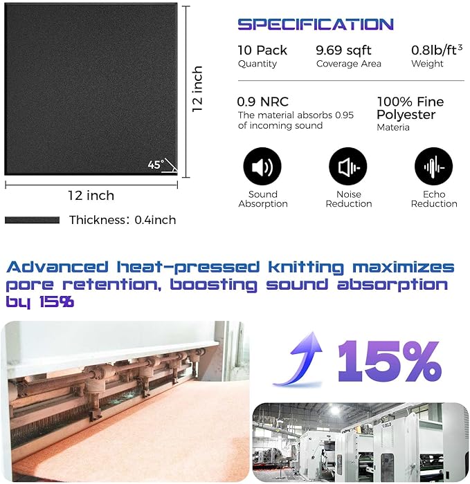 10 Pack Large Self-Adhesive Corkboard Wall Panels, 15.7 x 15.7 x 0.4 in Sound Proof Foam Panels for Walls, Cork Boards Alternative,Acoustic Panels, Sound Dampening Panels black