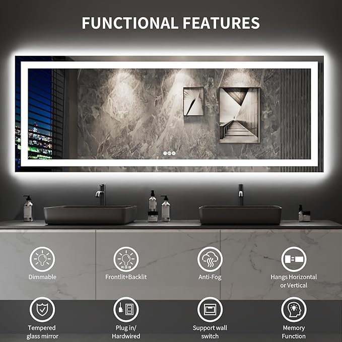 LOAAO 96X36 LED Bathroom Mirror with Lights, Anti-Fog, Dimmable, Backlit + Front Lit, Lighted Bathroom Vanity Mirror for Wall, Memory Function, Tempered Glass, Shatter-Proof, ETL Listed