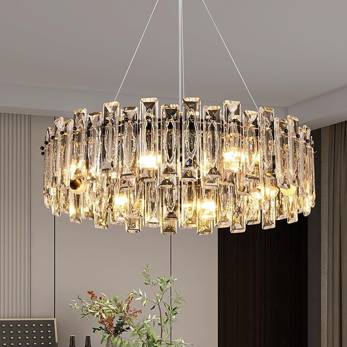 Modern Luxury K9 Crystal Chandelier Round Pendant Light Easy Install Ceiling Hanging Light Fixture for Dining Living Room Kitchen Island Entryway Foyer D23.6 Black 8-Lights