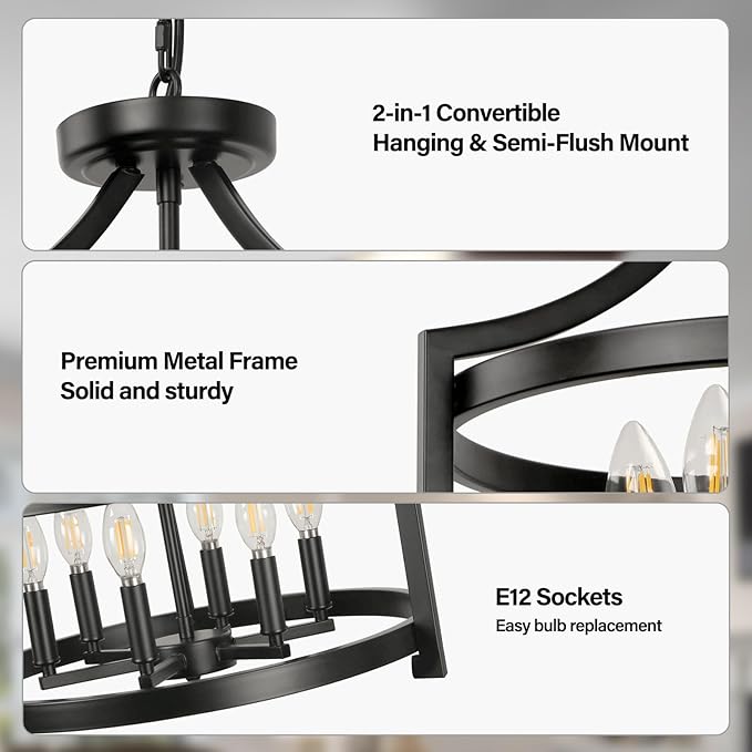 6-Light Black Chandelier, Modern Hanging Pendant Lighting, Convertible Semi Flush Mount Ceiling Light Fixture Rustic Vintage Farmhouse Chandeliers for Dining Room Kitchen Foyer Entryway