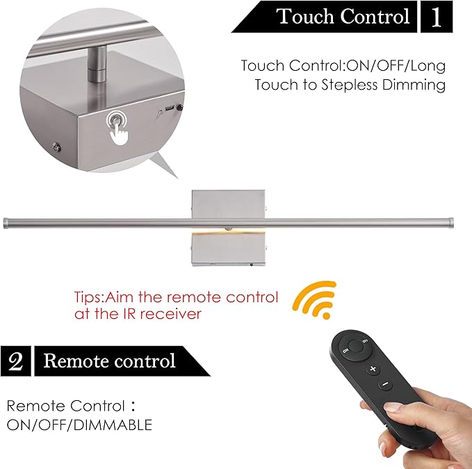 Battery Operated Wall Sconces with Remote Control, Dimmable Wall Sconces Set of Two, 350°Rotate, 3000K LED Nickel Wireless Wall Light for Living Room, Hallway, Bedroom, 24.4 Inch (2 Pack)