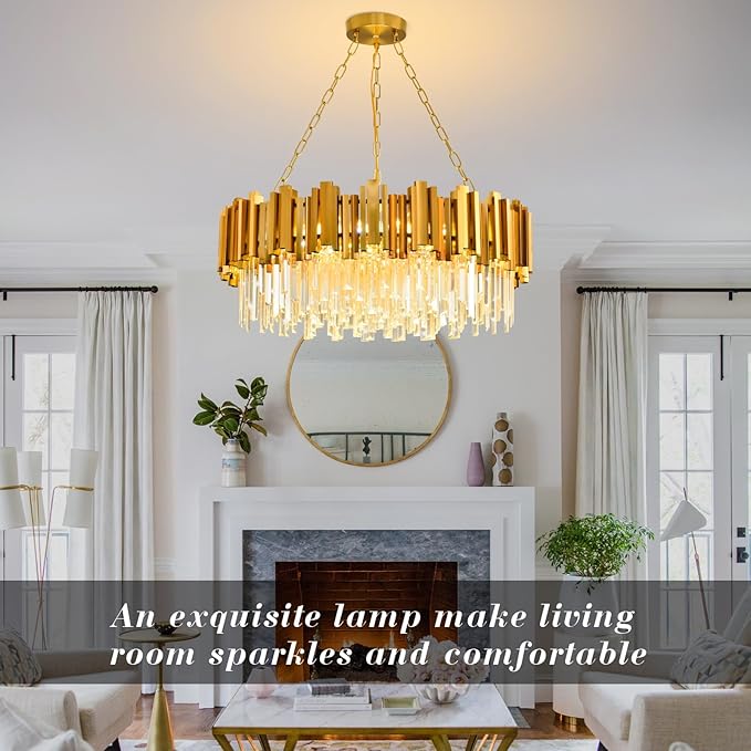Modern Gold Crystal Chandelier Hanging Ceiling Light Fixture 12 Lights Round Crystal Chandeliers for Dining Room Pendant Light Fixture Crystal Chandeliers Living Room Bedroom Entryway W29in