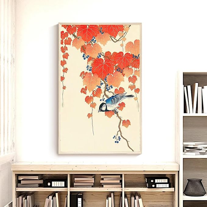OZCONO Japanese Bird Art Print, Vintage Blue Songbird with Red Maple Leaves, Gallery Quality UV-Resistant Giclée Print, Unframed Wall Decor (14L x 11W)