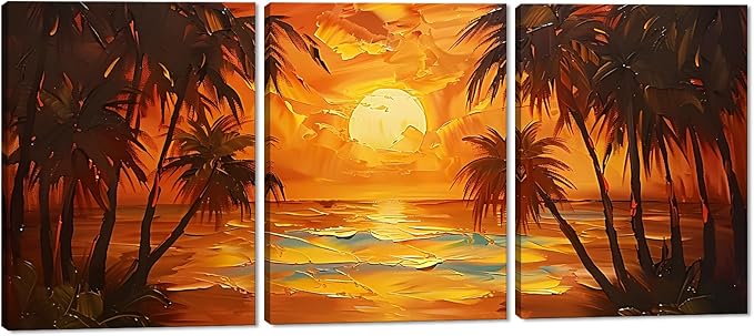 MAMAGO 3 Panels Coastal Sunset Canvas Wall Art Oil Painting Style Seascape Skyline Print Poster Beach Tropical Coconut Trees Modern Home Artwork Framed Easy to Hang-12”W x 16”Hx3pcs