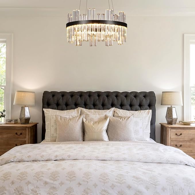 Modern Round Crystal Led Chandelier: 19.7" Black Luxury Chandeliers over Dining Table - Dimmable 3 Color Decorated Light Fixture - Elegant Drum Sparkly Chandelier for Living Room Bedroom with Remote