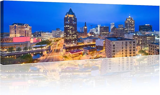 Native American Decor Skyline of Downtown Milwaukee Wall Art Cityscape Pictures Wisconsin, USA Panoramic Paintings Canvas City Skyline at Dusk Artwork Home Decor Framed Ready to Hang 12x46 Inch