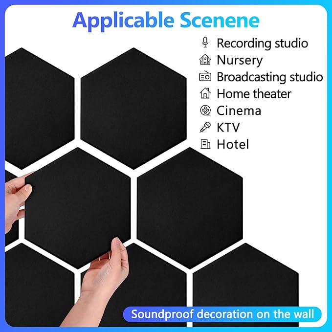 18 Pack Acoustic Panels-12"X10"X 0.4" Self-Adhesive Soundproof Wall Panels High-Density Sound Absorbing Panel Acoustic Treatment Panel Used in Home & Offices （Black Hexagon）
