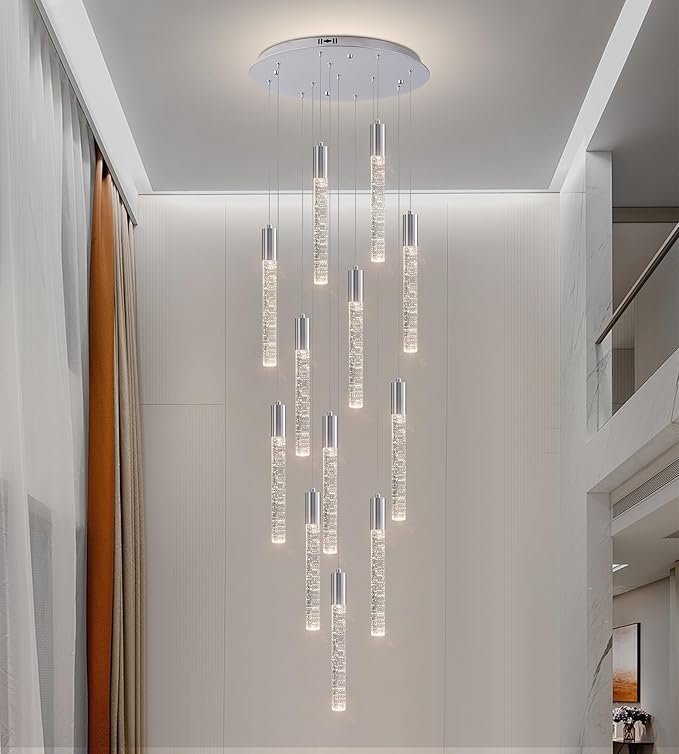 12-Lights High Ceiling Crystal Chandelier, Modern Large LED Raindrop Pendant Light Fixture 98.5" H Flush Mount Chandelier Chrome for Foyer Staircase Villa Living Room