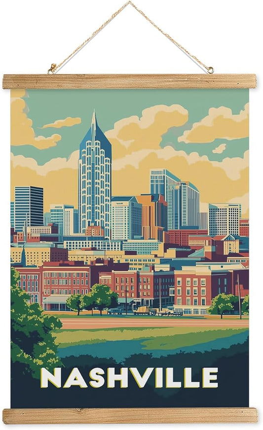 WREVERW Vintage Nashville Poster Canvas Print with Wooden Hanger Frame, Featuring Iconic AT&T Building Skyline, Wall Art for Home and Office Decor, 16x23 inches