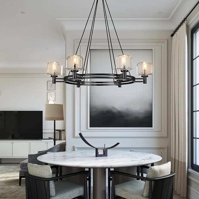 Black Round Crystal Chandelier, 36" K9 Crystal Chandeliers for Dining Room Over Table, Wagon Wheel Chandeliers for Dining Room,Living Room,Foyer,Includes 6XE12 Bulbs