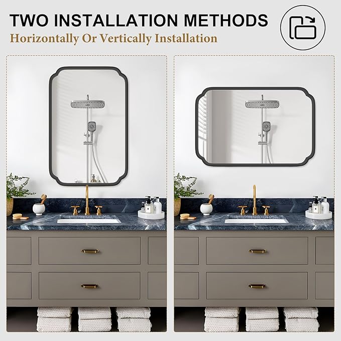 Black Bathroom Vanity Mirrors for Over Sink 24" x 36" Modern Rounded Corner Rectangle Mirror with Non-Rusting Iron Metal Framed Wall Mounted Decorative Mirror (Horizontal/Vertical)