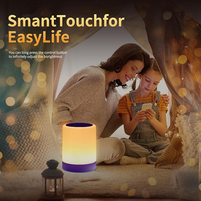 OORUN Touch Bedside Table Lamp,13 RGB Colors & 5 Brightness, USB Rechargeable Desk Lamp, Remote Control Dimmable Night Light with RGB Color Changing,Portable Lamp for Baby, Living Room (Purple)