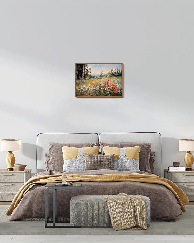 KISSFOX Vintage Framed Wall Art Mountain Meadow Wildflower Landscape Colorful Canvas Art Nature Serene Countryside Paintings Artwork Farmhouse Rustic Art Prints For Bedroom Bathroom Living Room