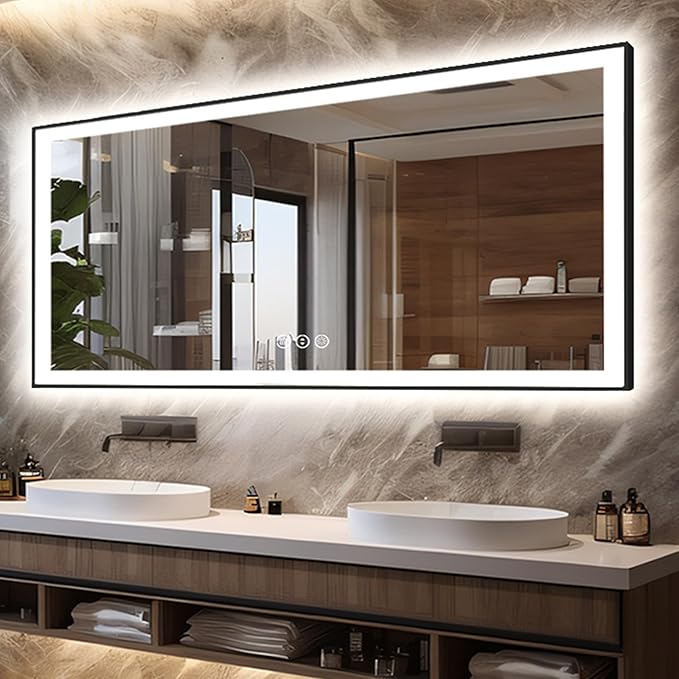 Large 88x38 LED Bathroom Mirrors - Black Aluminum Trim (Front and Backlit), Anti-Fog Vanity Mirror with Lights,Stepless Dimmable Lighted, 3 Colors Smart, Memory (Horizontal/Vertical)