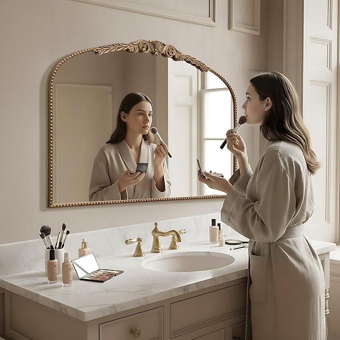 Large Gold Vintage Mirror: 29"x 36" French Baroque Bathroom Mirror - Traditional Ornate Antique Arched Mirrors for Wall/Dresser/Mantel/Bedroom/Entryway/Hallway - Home Decor for Living Room