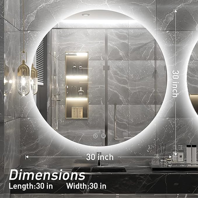 30 Inch Round LED Bathroom Mirror - 6000K Daylight Backlit, Anti-Fog & Dimmable, Frameless Waterproof Mirror with Touch Control, CRI90+, IP54 for Vanity & Makeup