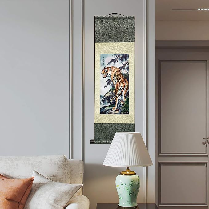 AtfArt Asian Wall Decor Beautiful Silk Scroll Painting Deterrence Tiger Oriental Decor Chinese Art Wall Scroll Wall Hanging Painting Scroll (36.2 x 12 in)