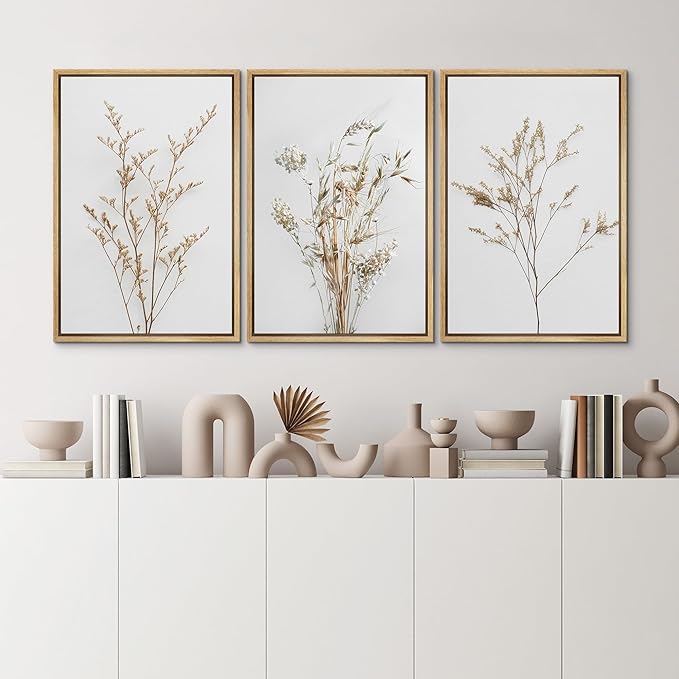 MUDECOR Framed Canvas Print Wall Art Wildflower Floral Botanical Prints Minimalist Wall Art Modern Farmhouse for Bedroom - 24"x36"x3 Natural