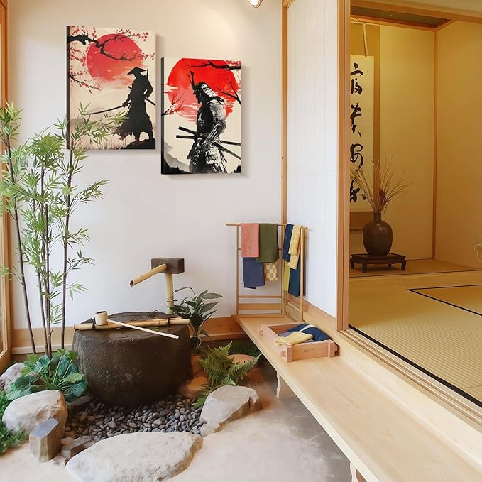 2Pcs Framed Japanese Warrior Canvas Wall Art Samurai Poster Prints Traditional Bushido Artwork Gallery Quality Wall Decor Living Room Bedroom Office Apartment 16X24 Inch Ready to Hang
