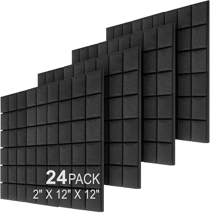 JBER 24 Pack 2" X 12" X 12" Acoustic Foam Panels,Soundproofing Wall Studio foam Panels wedges,Sound Insulation Absorbing Acoustic Treatment,9 Blocks Beveled Mushroom Fireproof Design - Black