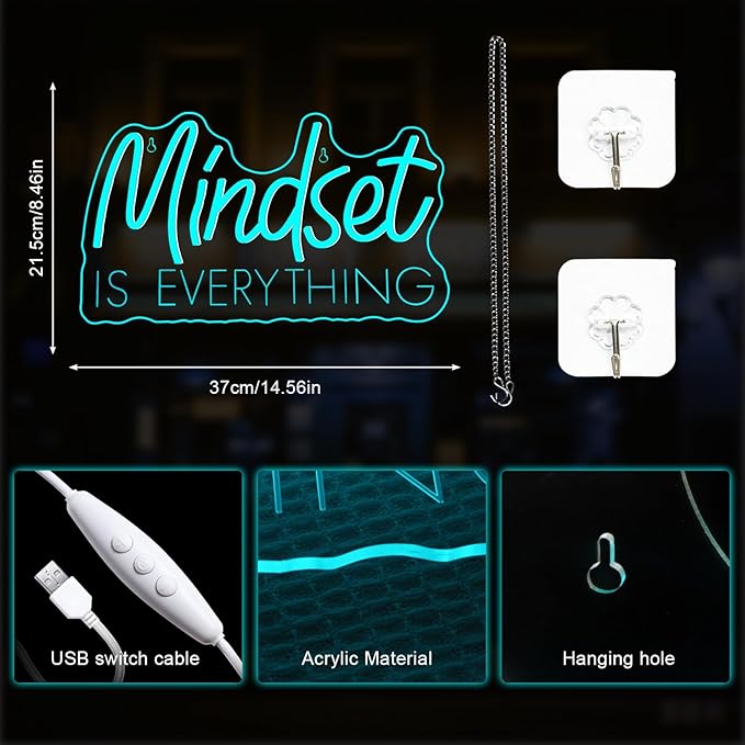 Lucunstar Mindset is Everything Neon Sign Blue Dimmable LED Inspirational Light Up Signs for Wall Decor USB Powered Neon Light for Home Room Office Gym School Classroom