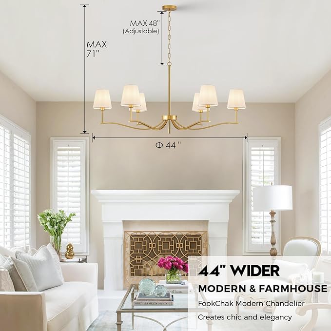 6 Light Brass Gold Chandelier with White Fabric Shade 44'' Linen Dining Room Chandeliers Over Table Kitchen Chandeliers Light Fixture for Living Room Bedroom Entryway Home Office
