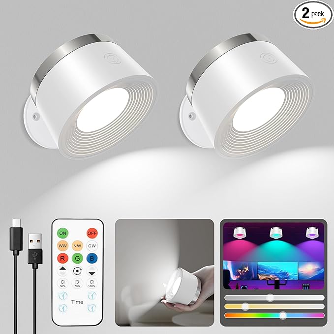 Moobibear LED Wall Lights with Remote, 3500mAh Rechargeable Battery Operated Wall Sconce, Dimmable 13RGB + 3 Color Temperature Magnetic Wireless Wall Lamp, for Rooms, Hallway (White, 2 PCS)