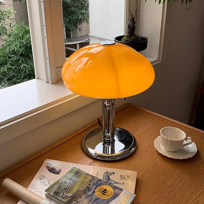 Mushroom Table Lamp with Caramel Lampshade,Art Deco Glass Desk Light with Chrome Base,Dimmable Small Nightstand Lamp,Mid Century Table Light for Living Room Bedroom