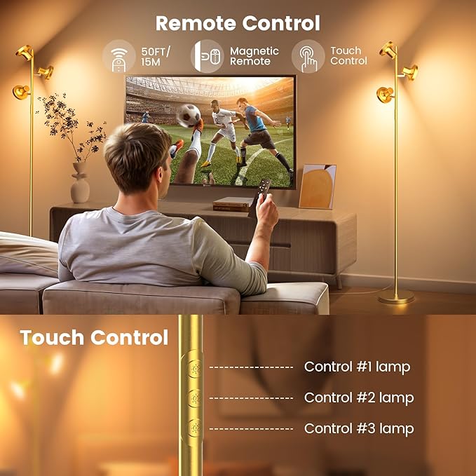 36W LED Tree Floor Lamp, Modern Dimmable Standing Lamp with Remote & Touch Control, 4 Color Temperatures, 3 Rotatable LED Light Floor Lamps for Living Room, Bedroom, Office