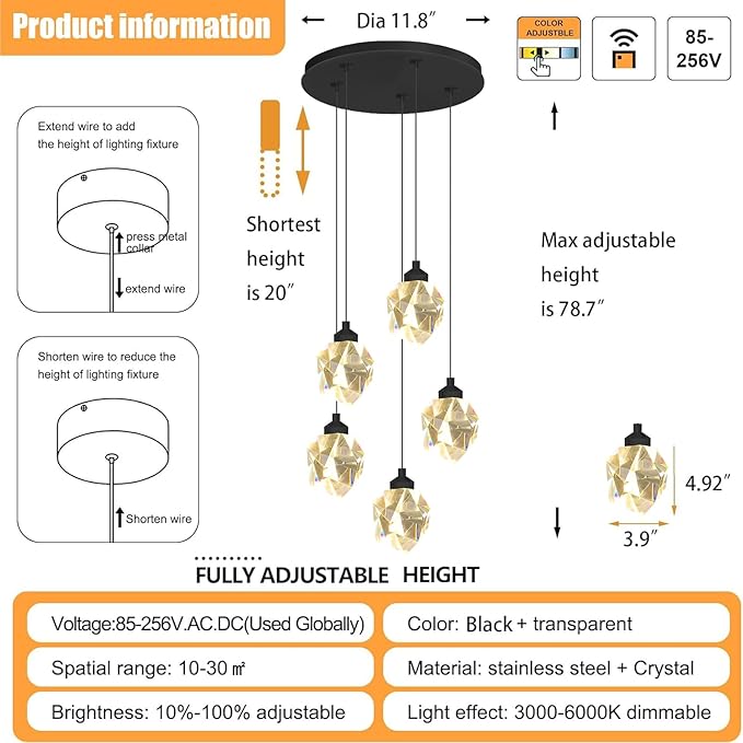 5-Light Cluster Crystal Raindrop Pendant Lights- 25W Black LED Dimmable Hanging Light Fixture Chandelier for Kitchen Island, Dining Room Living Room