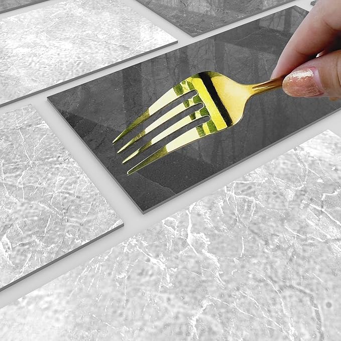 16-Pack Peel and Stick Marble Wall Tiles, Waterproof 4" x 8" Glossy Imitation Gentleman Gray Marble, PVC Shower Wall Panels for Kitchen, Bathroom & Fireplace