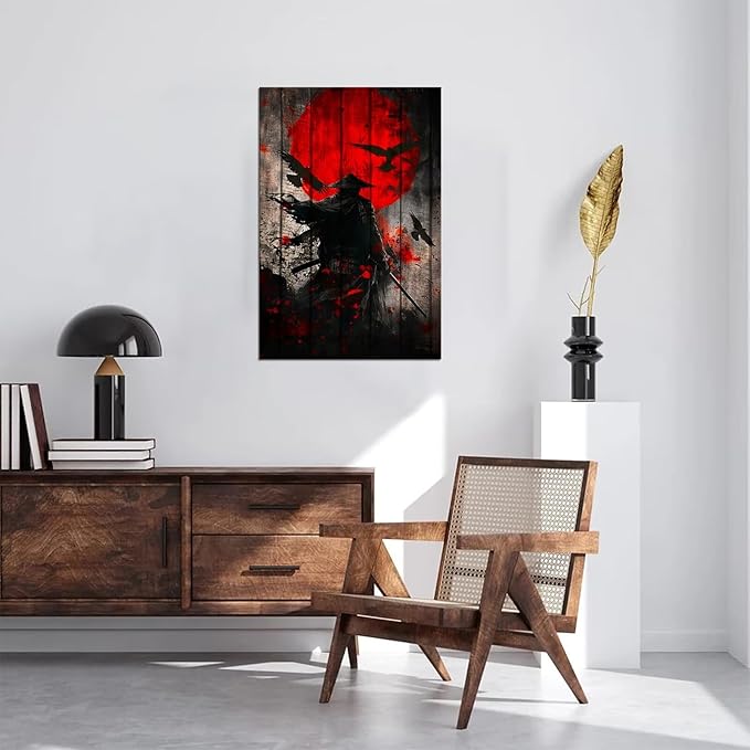 Japanese Samurai Retro Black and Red Atmosphere Asian Samurai Armor Red Moon Poster Canvas Wall Art Prints Bushido Poster Modern Home Decor Framed for Bedroom Living Room Office (28''W x 44''H)