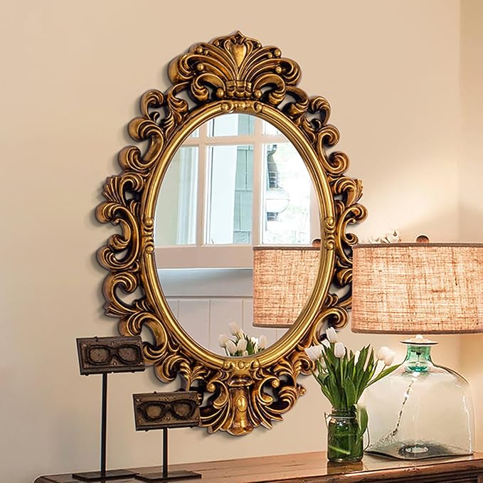 Antique Gold Oval Mirror, Decorative Mirrors with Baroque Framed, 29'' x 41'' Ornate Vinatge Gold Wall Mirror for Living Room Dining Room Bedroom Entryway Fireplace