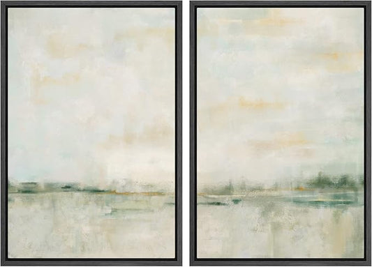 MUDECOR Framed Canvas Print Wall Art Set Watercolor Pastel Green Tan Landscape Abstract Shapes Illustrations Modern Art Decorative Contemporary for Living Room, Bedroom, Office - 24"x36"x2 Black